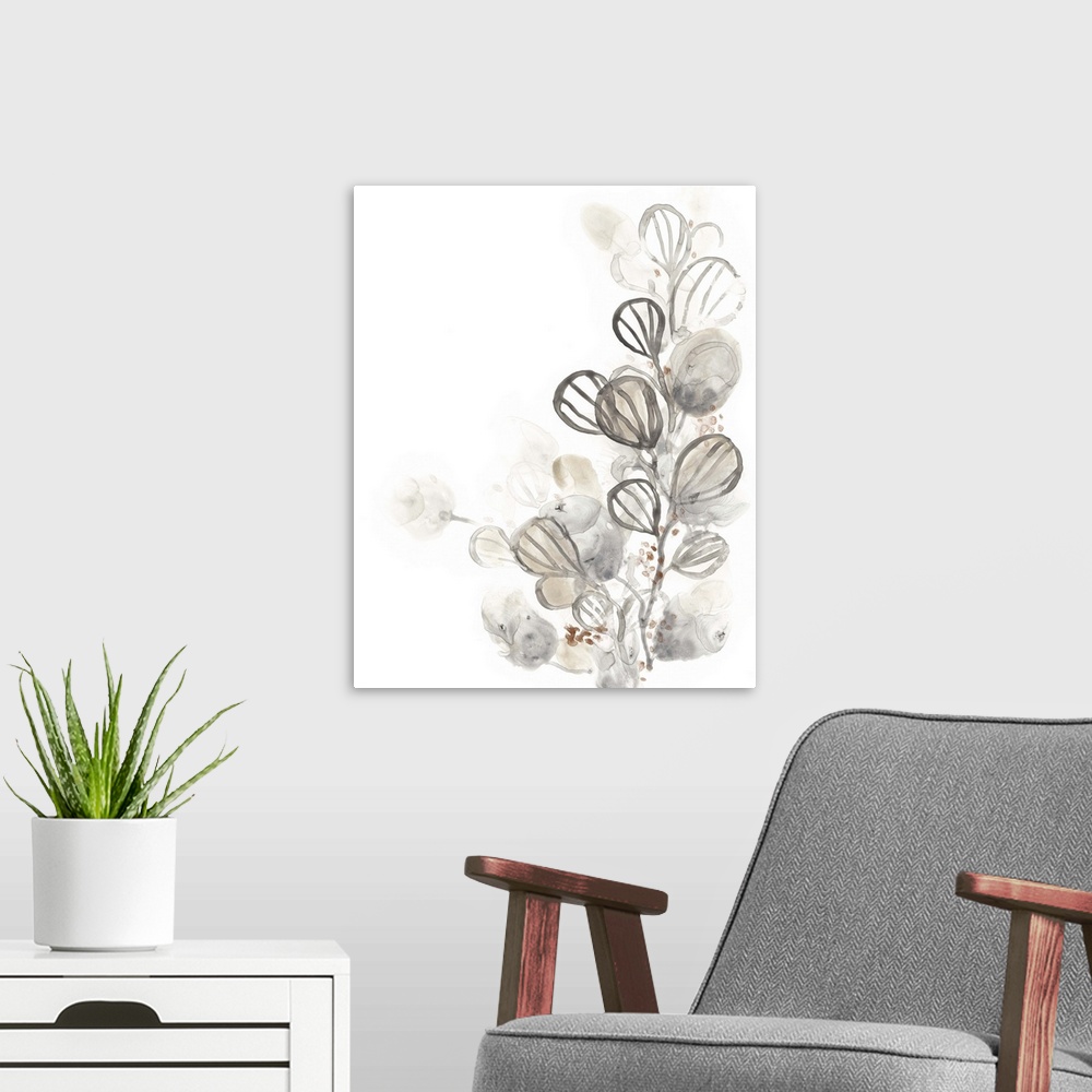 A modern room featuring Watercolor painting of leaves in muted neutral colors on white.