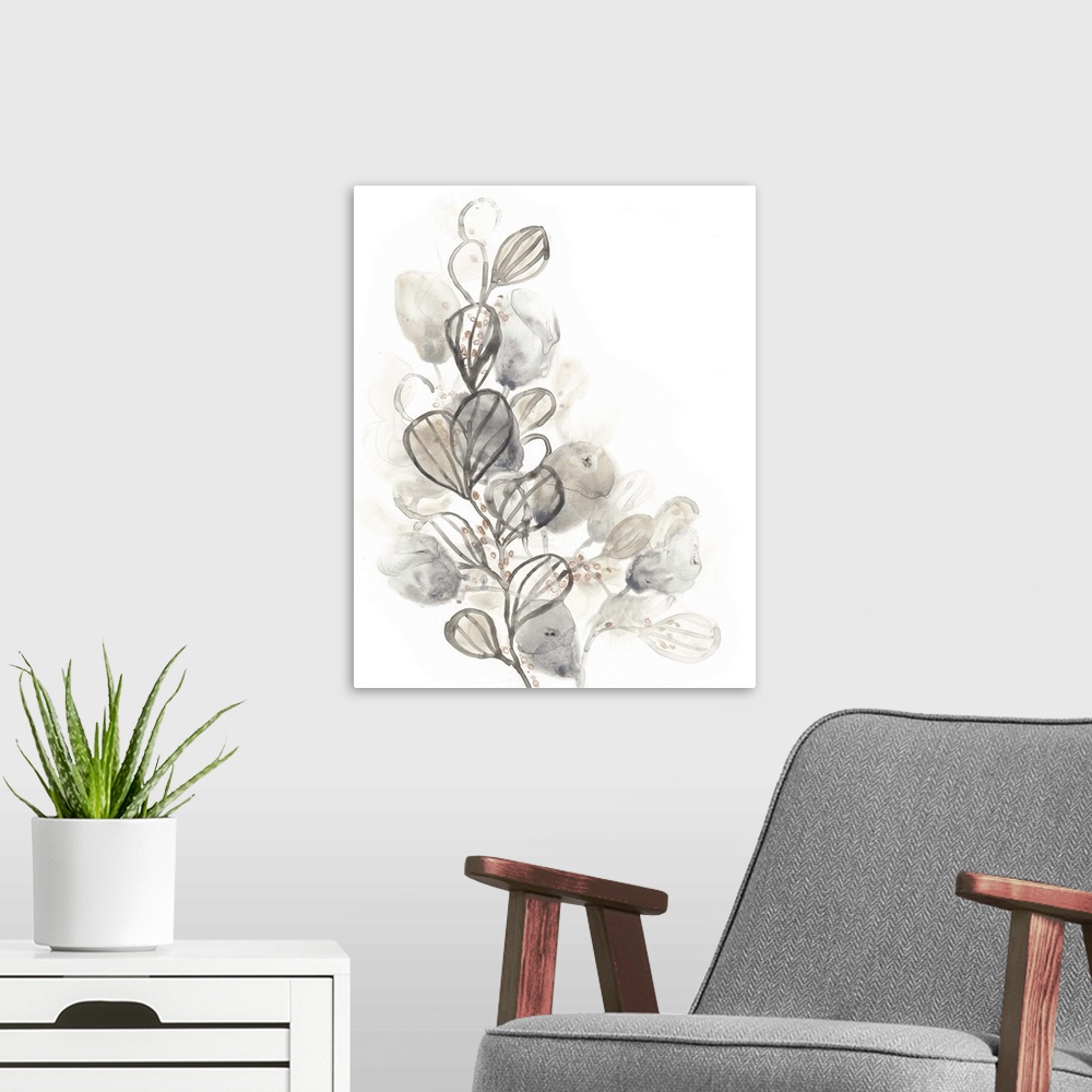 A modern room featuring Watercolor painting of leaves in muted neutral colors on white.