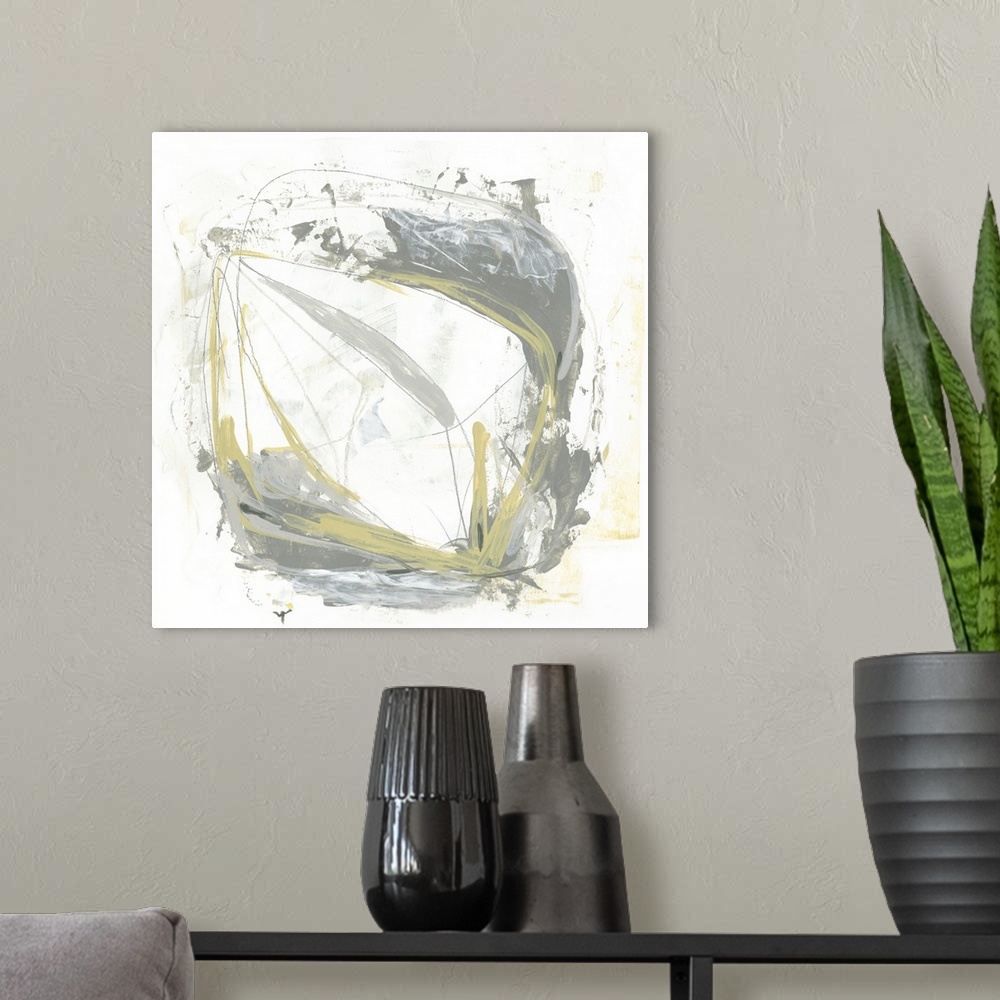 A modern room featuring This decorative artwork features a sketched diamond-like shape overlaid with gestural brush strok...