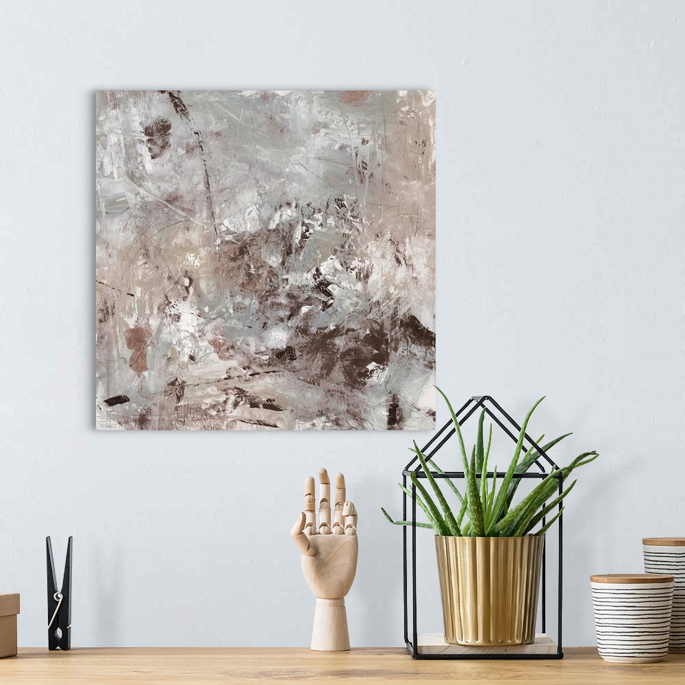 A bohemian room featuring Abstract modern art in neutral earth tones with a weathered effect.