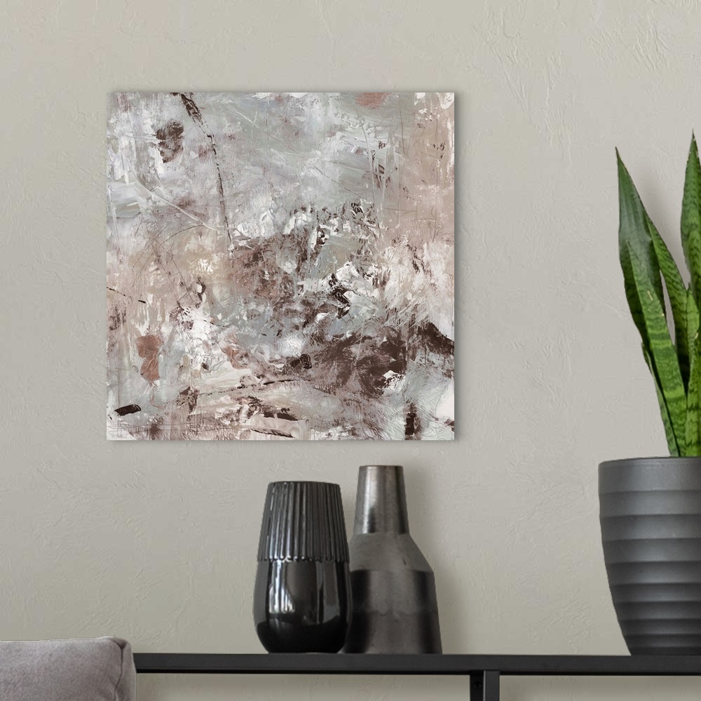 A modern room featuring Abstract modern art in neutral earth tones with a weathered effect.
