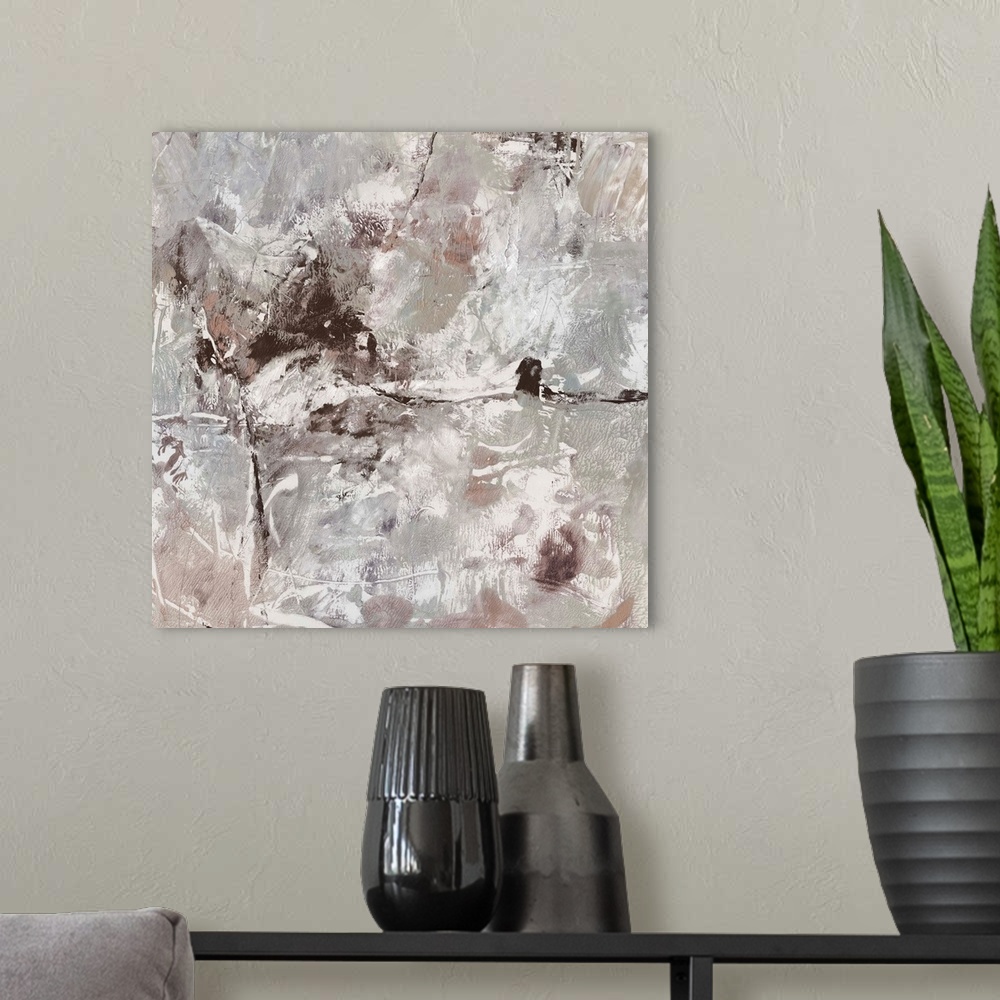 A modern room featuring Abstract modern art in neutral earth tones with a weathered effect.