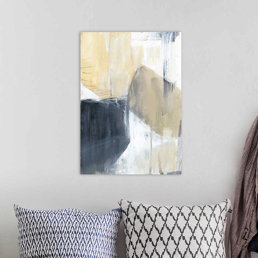 A bohemian room featuring This contemporary artwork features blocks of gray and yellow with distressed textures to illustra...