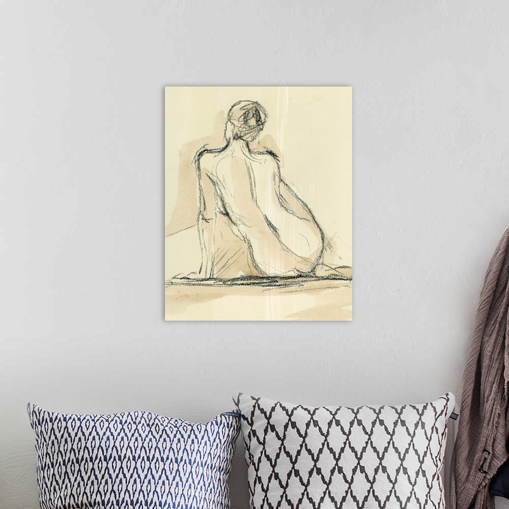 A bohemian room featuring Portrait, figurative art on a large wall hanging, of a roughly sketched nude, female form, leanin...