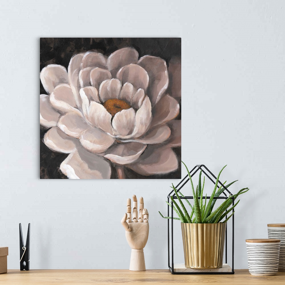 A bohemian room featuring Contemporary close-up painting of a white flower against a dark background.