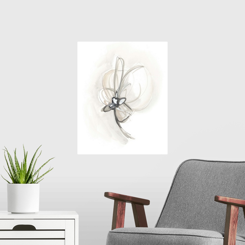 A modern room featuring Circular brush strokes construct a gestural flower in neutral tones in this contemporary artwork.