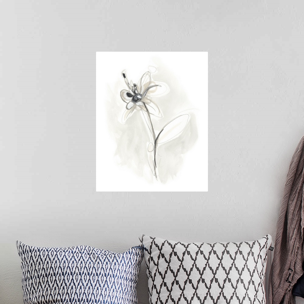 A bohemian room featuring Circular brush strokes construct a gestural flower in neutral tones in this contemporary artwork.
