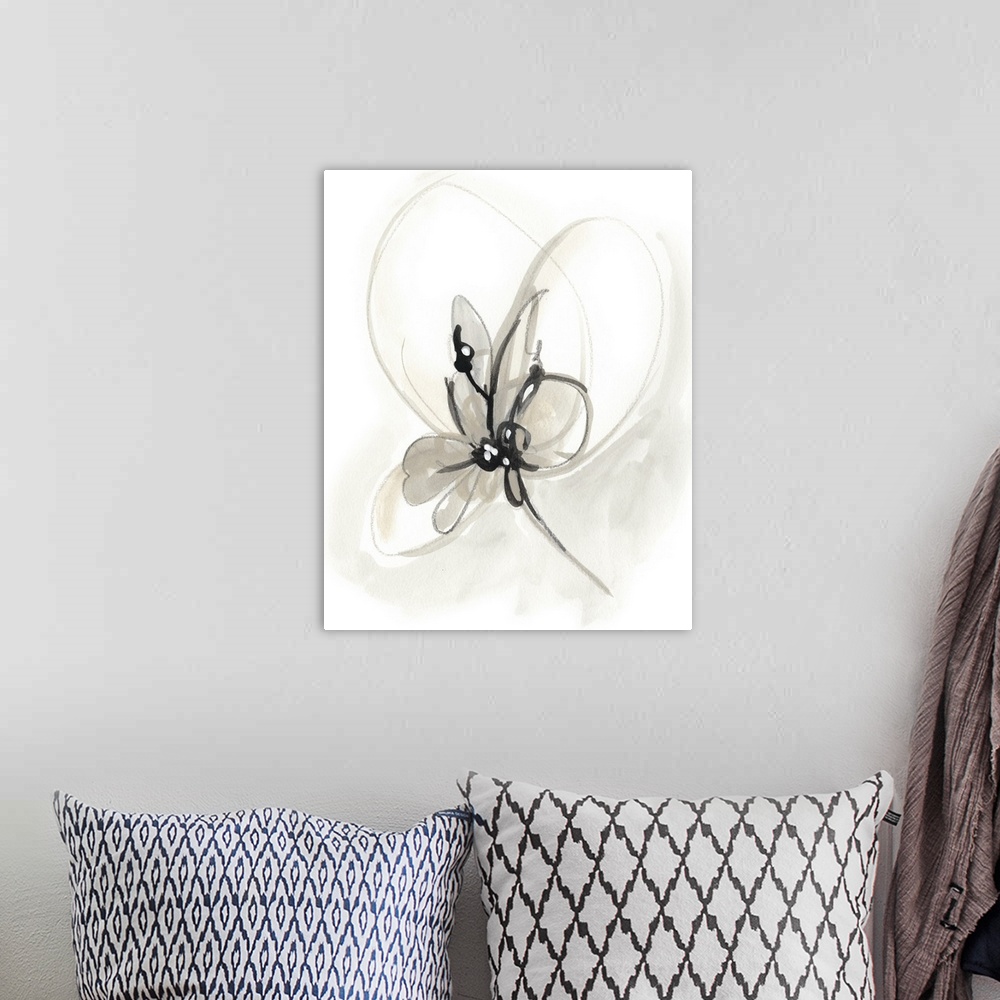 A bohemian room featuring Circular brush strokes construct a gestural flower in neutral tones in this contemporary artwork.
