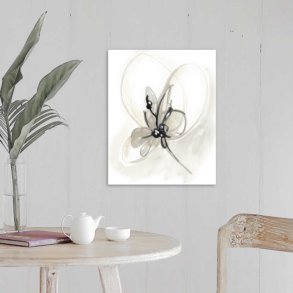 A farmhouse room featuring Circular brush strokes construct a gestural flower in neutral tones in this contemporary artwork.