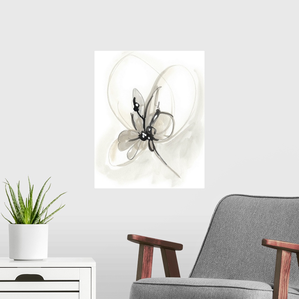 A modern room featuring Circular brush strokes construct a gestural flower in neutral tones in this contemporary artwork.
