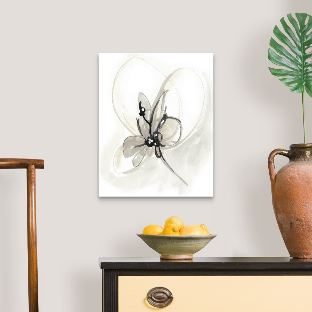 A traditional room featuring Circular brush strokes construct a gestural flower in neutral tones in this contemporary artwork.