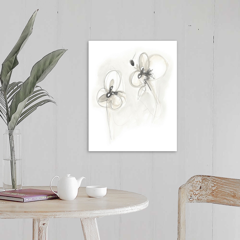 A farmhouse room featuring Circular brush strokes construct gestural flowers in neutral tones in this contemporary artwork.