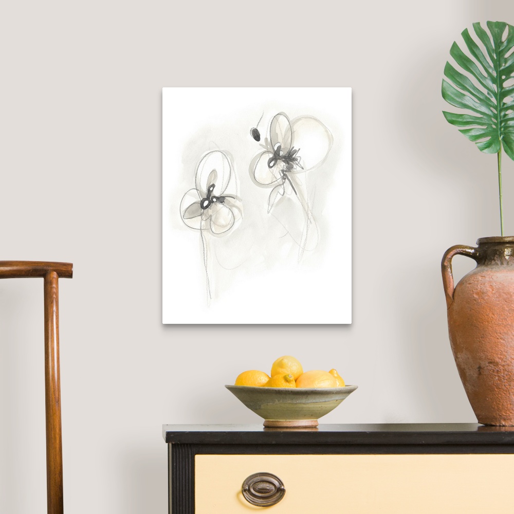 A traditional room featuring Circular brush strokes construct gestural flowers in neutral tones in this contemporary artwork.