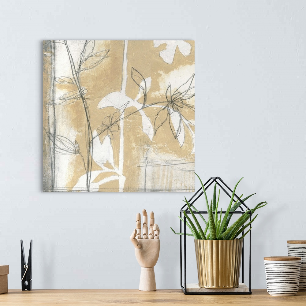 A bohemian room featuring Contemporary artwork using neutral tones and floral elements in a pencil drawn style.