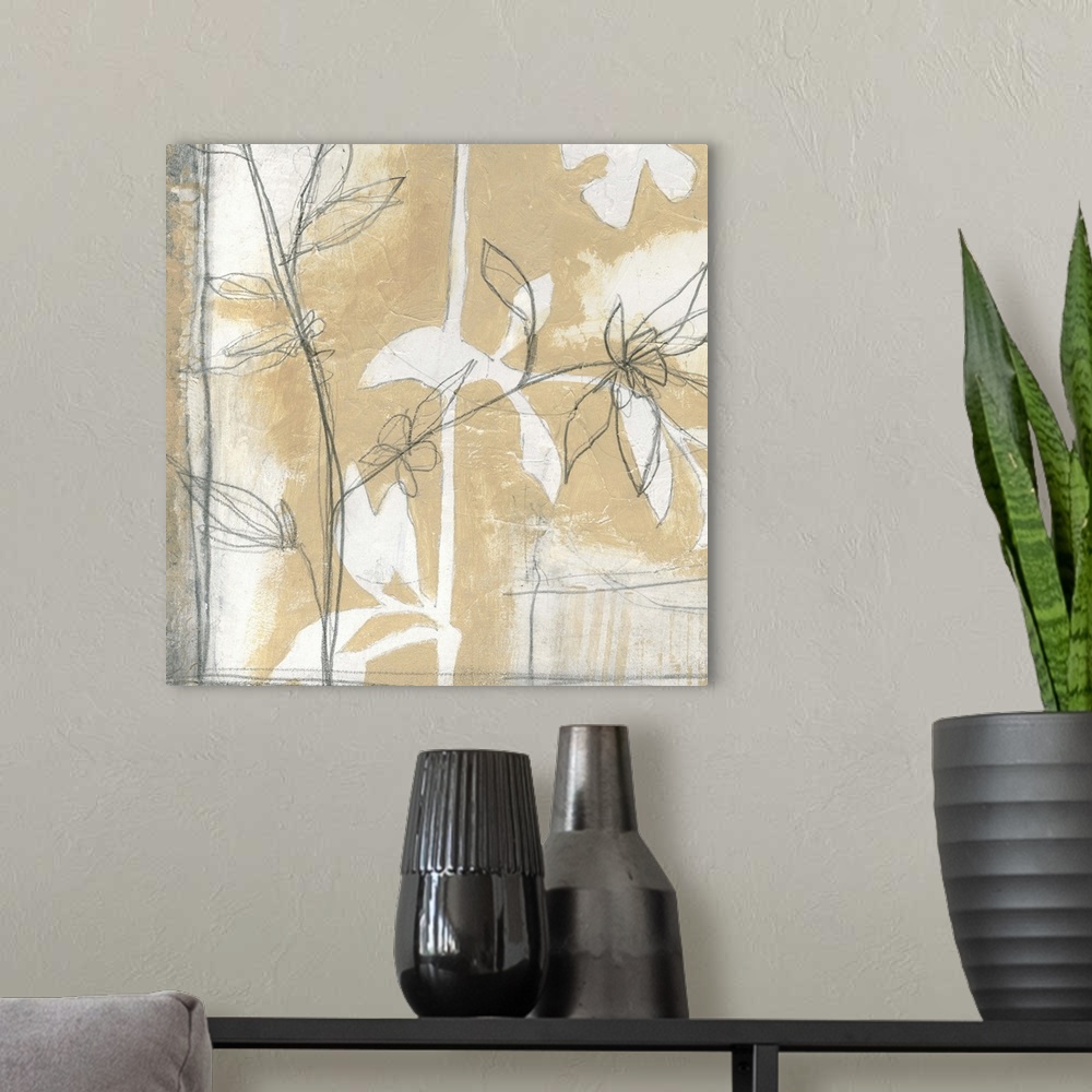 A modern room featuring Contemporary artwork using neutral tones and floral elements in a pencil drawn style.