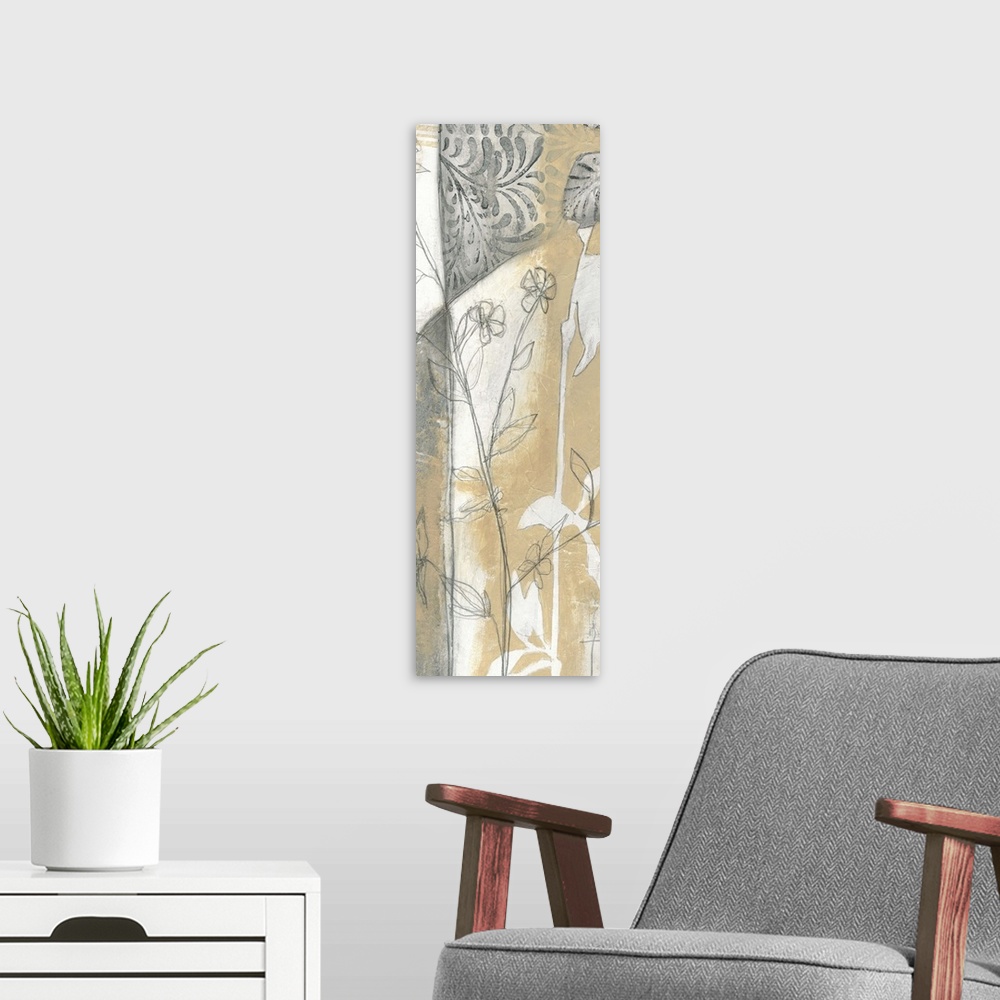 A modern room featuring Contemporary painting using pencil sketched elements and floral decorations.