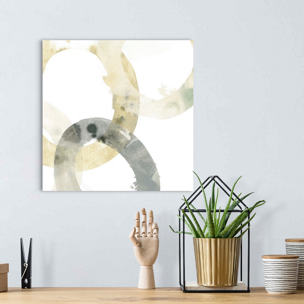 A bohemian room featuring Abstract art print of organic rings in beige and grey on a white background.