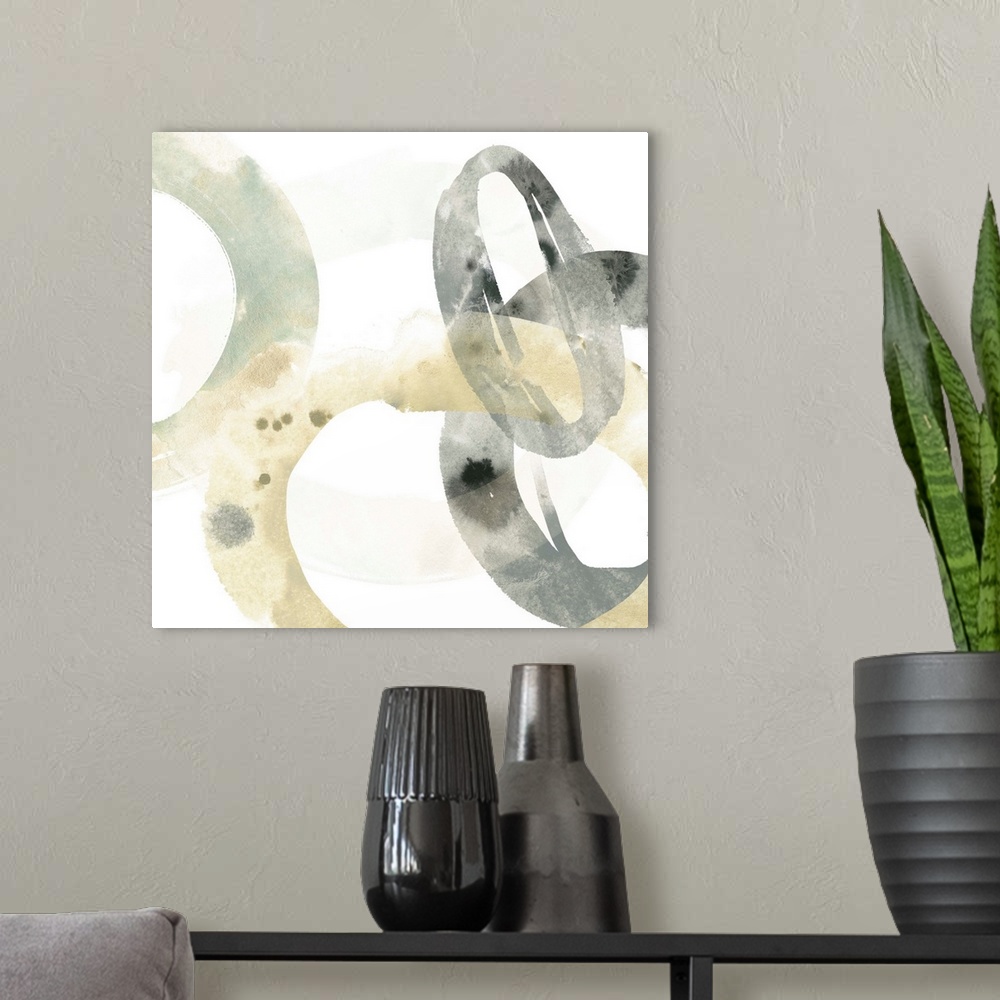 A modern room featuring Abstract art print of organic rings in beige and grey on a white background.