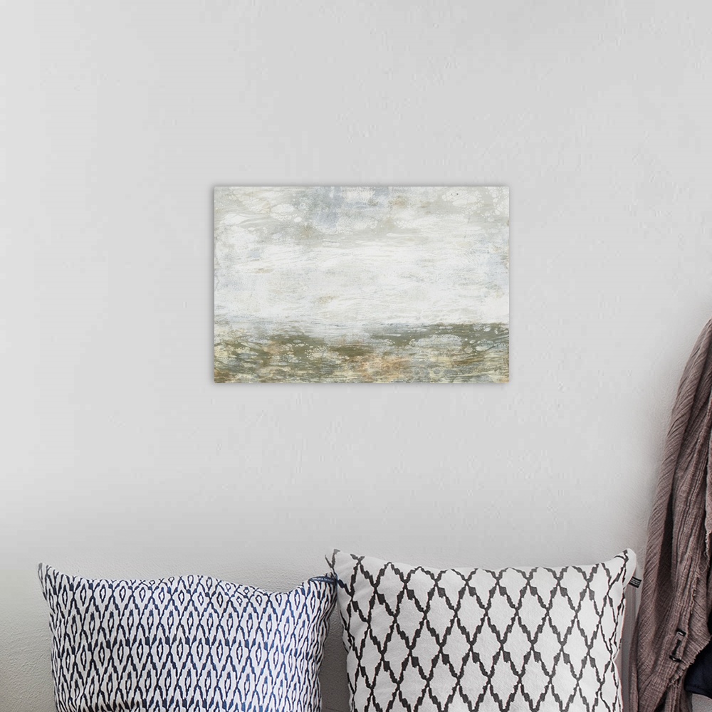 A bohemian room featuring Modern abstract art print of a plain horizon in neutral earth tones under a pale grey sky.