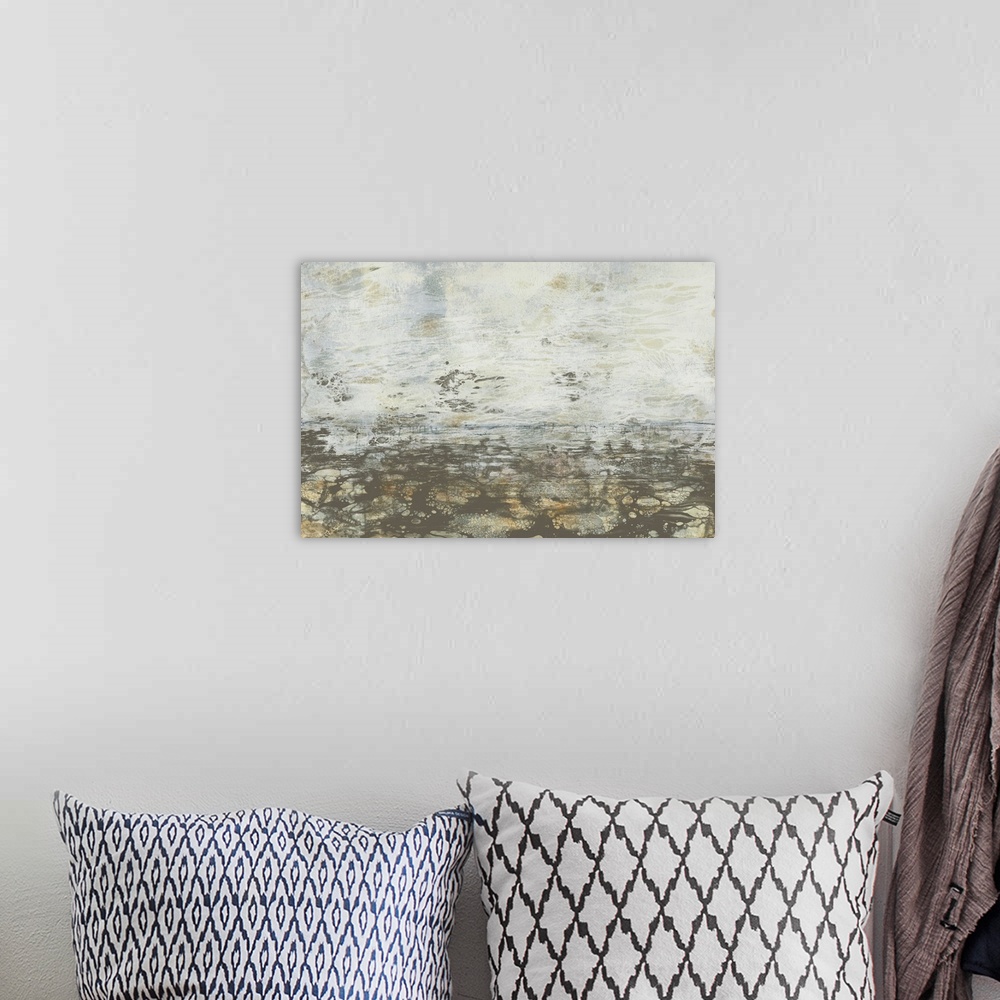 A bohemian room featuring Modern abstract art print of a plain horizon in neutral earth tones under a pale grey sky.