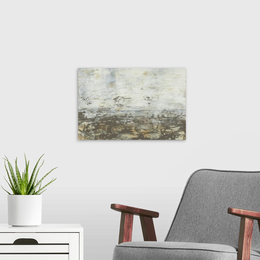 A modern room featuring Modern abstract art print of a plain horizon in neutral earth tones under a pale grey sky.