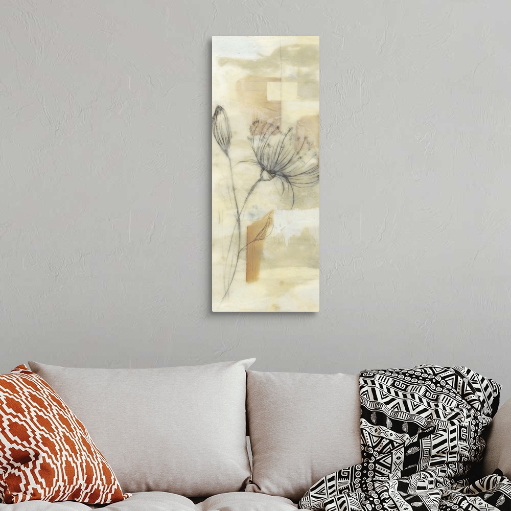 A bohemian room featuring Vertical artwork of a soft dandelion flower on neutral earth tones.