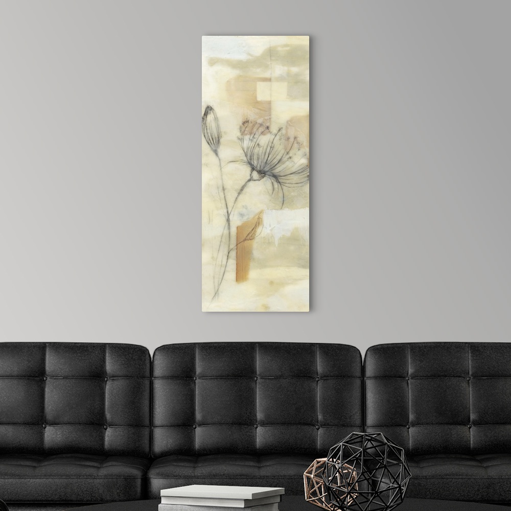 A modern room featuring Vertical artwork of a soft dandelion flower on neutral earth tones.