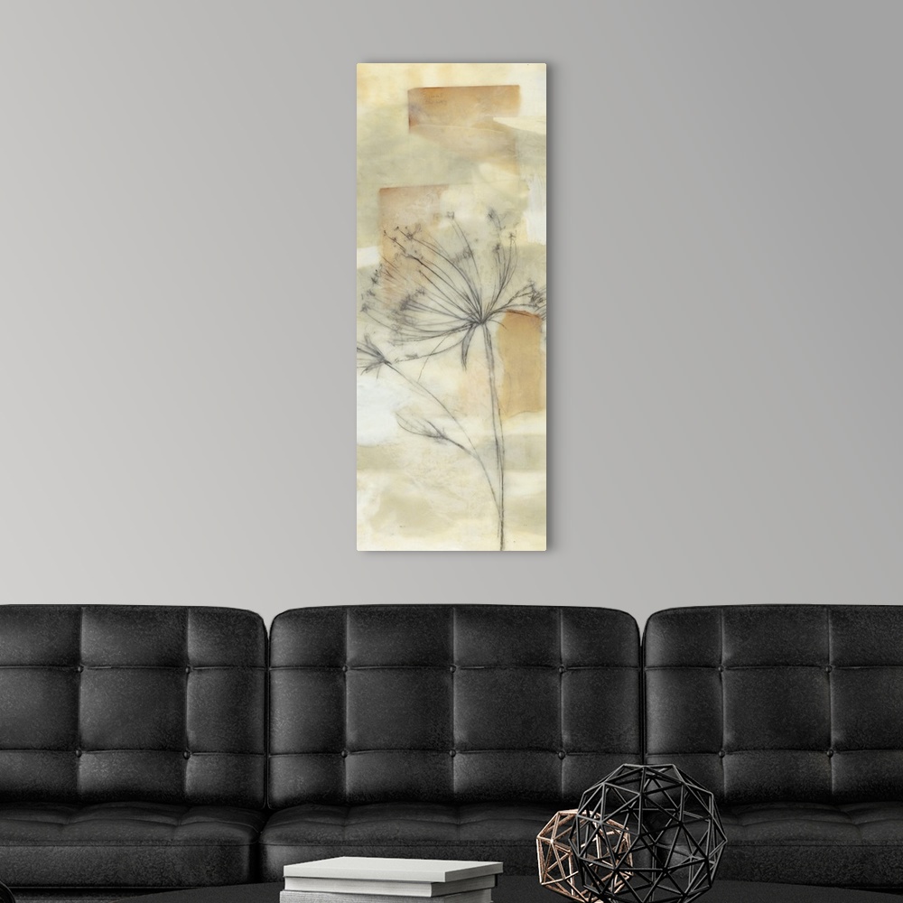 A modern room featuring Vertical artwork of a soft dandelion flower on neutral earth tones.