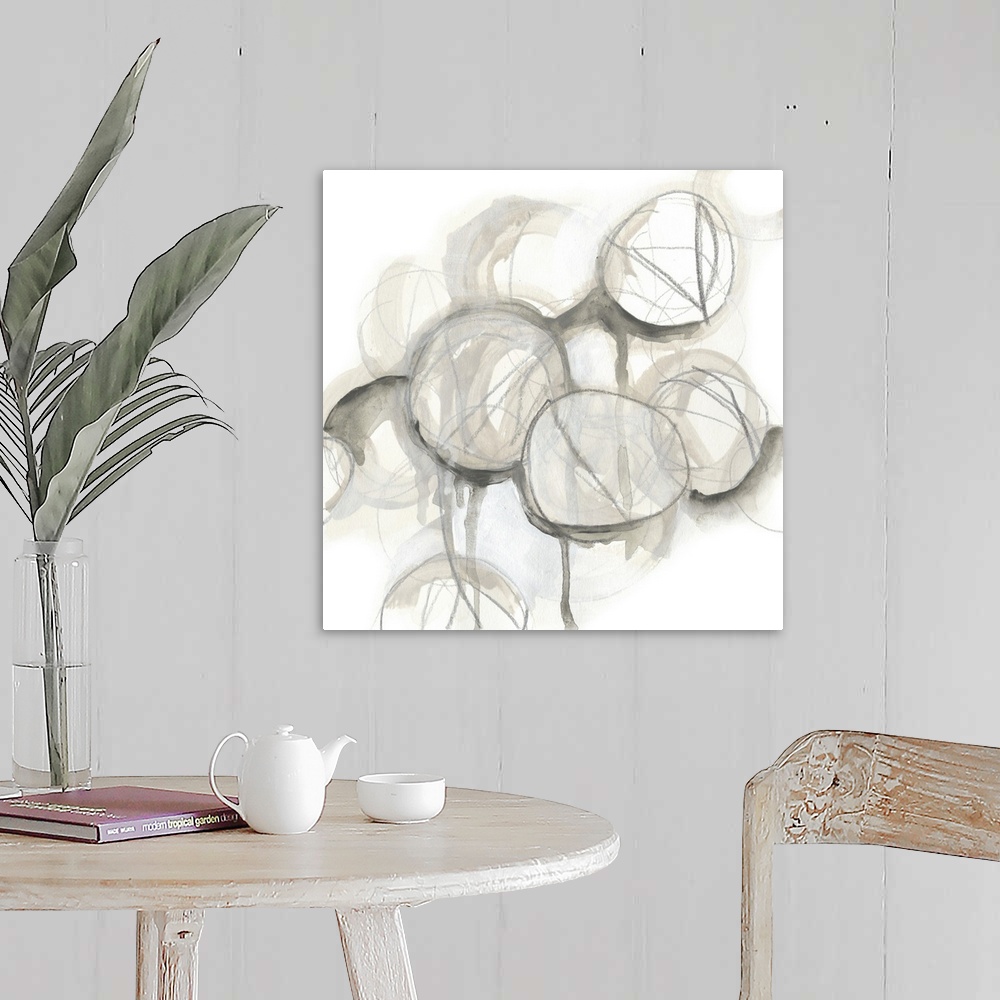 A farmhouse room featuring Contemporary watercolor abstract painting consisting of various circular shapes in neutral tones.