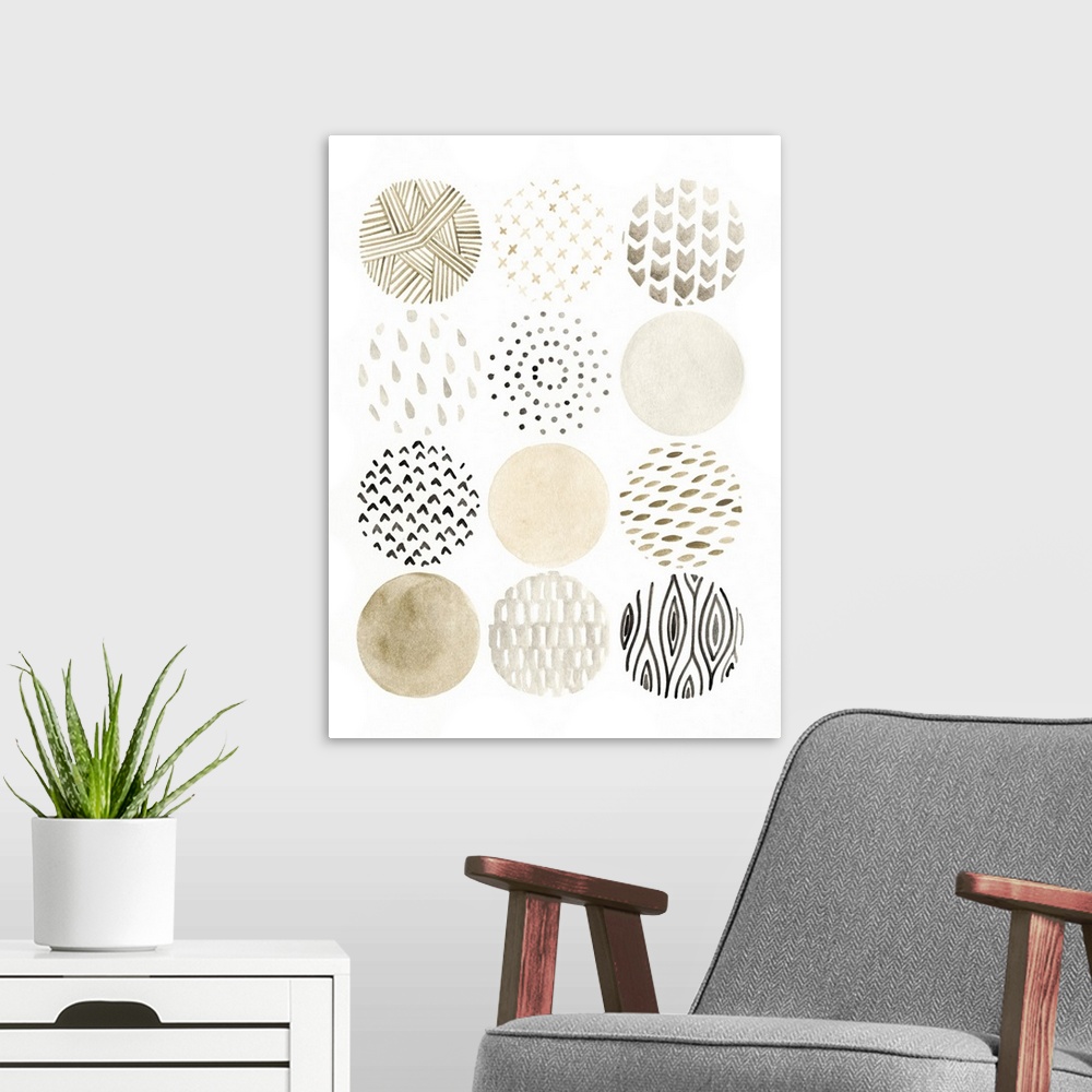 A modern room featuring Twelve circles with different patterns in earth tones.