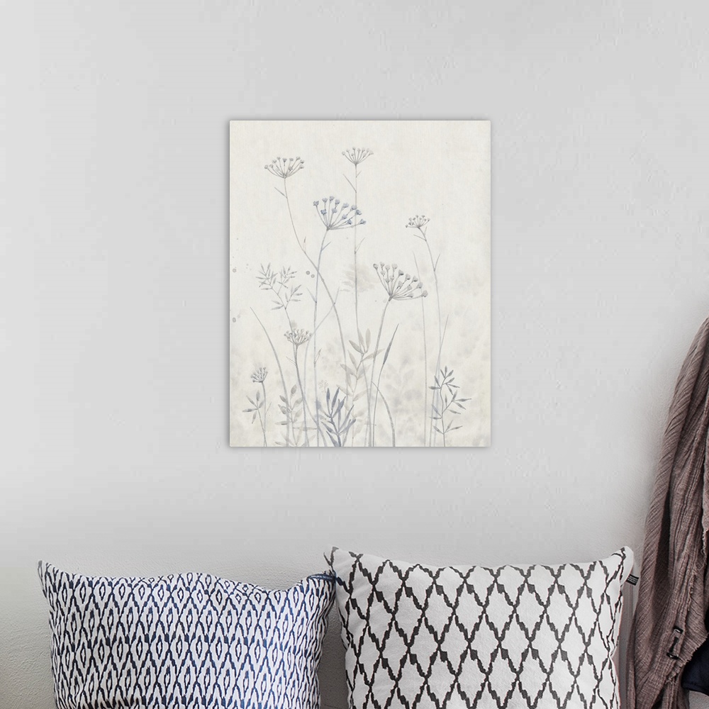 A bohemian room featuring Delicate painting of Queen Anne's Lace flowers in light shades of gray on a cream background.