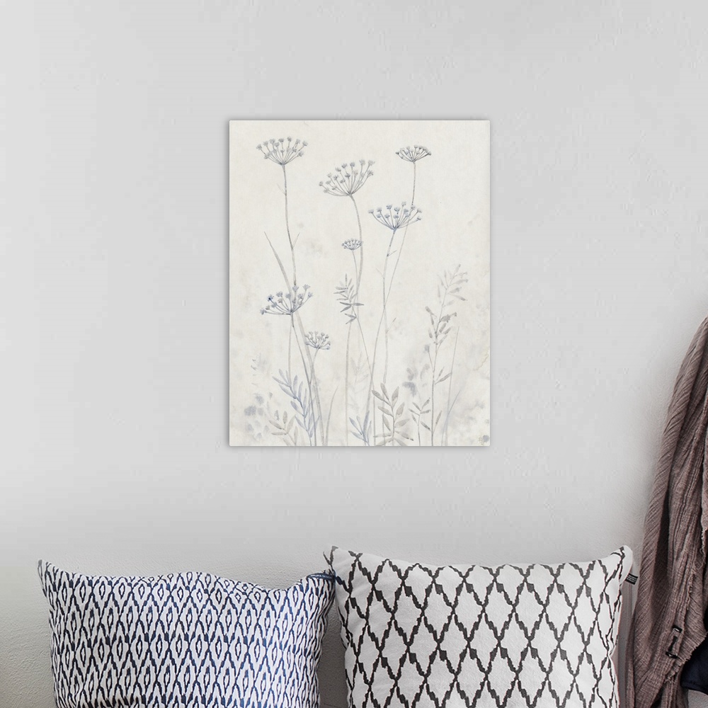 A bohemian room featuring Delicate painting of Queen Anne's Lace flowers in light shades of gray on a cream background.