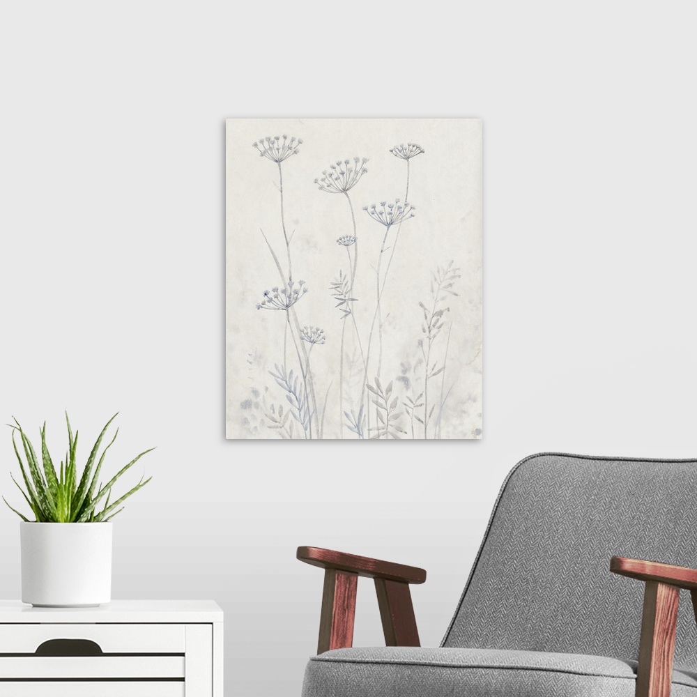 A modern room featuring Delicate painting of Queen Anne's Lace flowers in light shades of gray on a cream background.