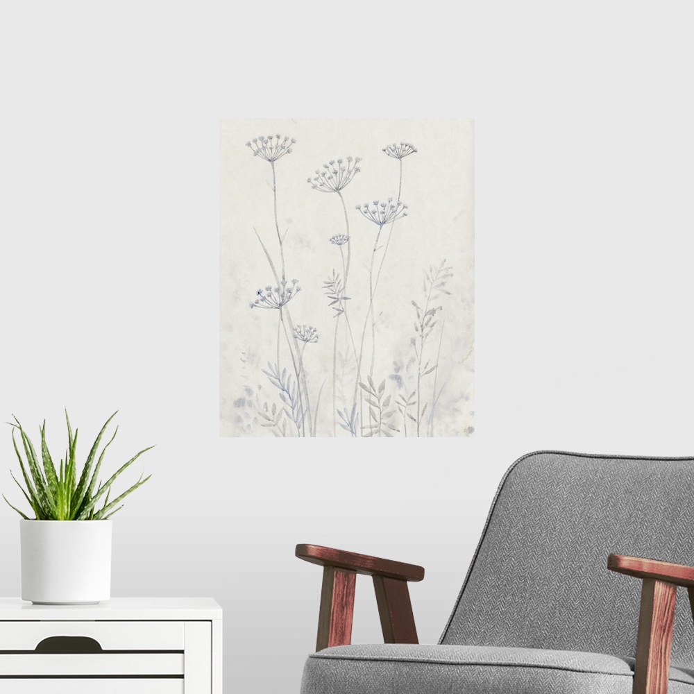 A modern room featuring Delicate painting of Queen Anne's Lace flowers in light shades of gray on a cream background.