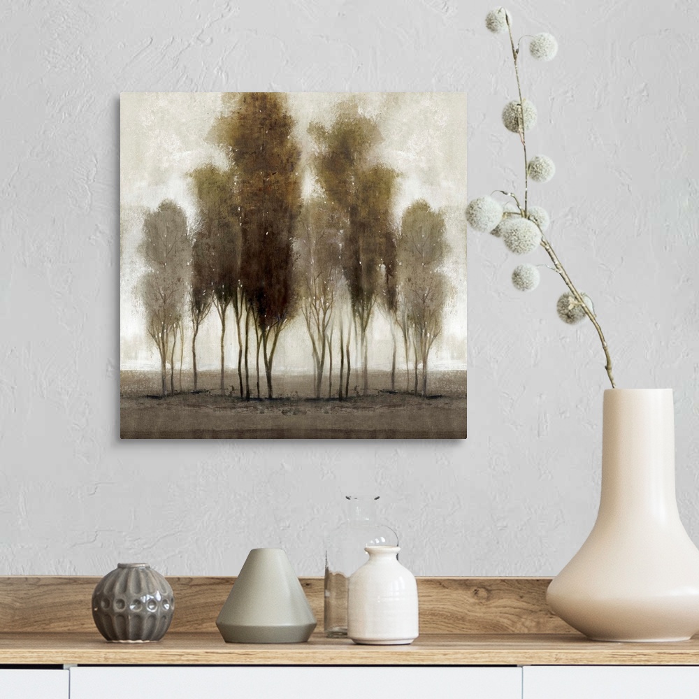 A farmhouse room featuring Contemporary painting of a group of trees in a line, in neutral tones.