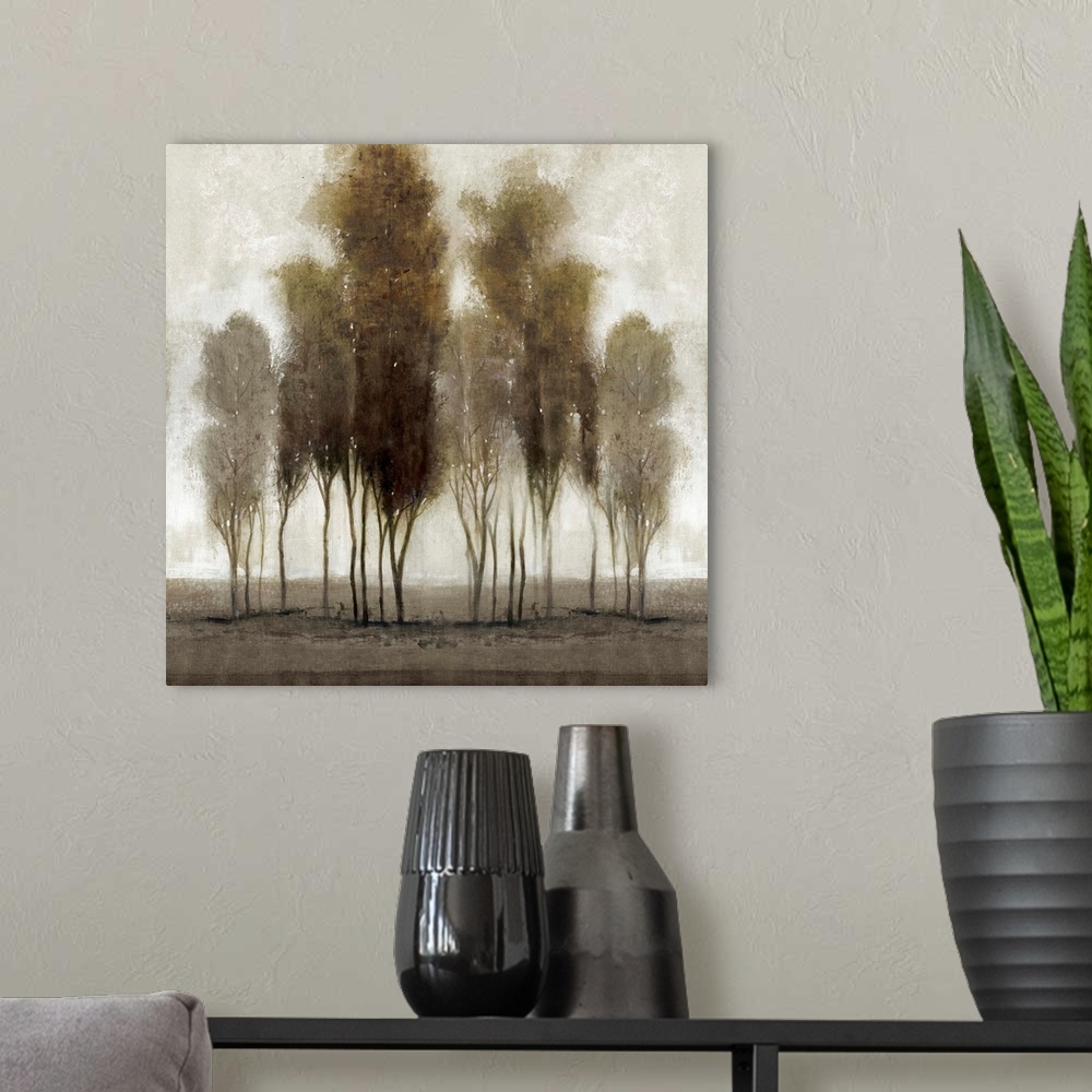 A modern room featuring Contemporary painting of a group of trees in a line, in neutral tones.