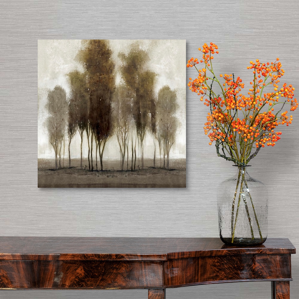A traditional room featuring Contemporary painting of a group of trees in a line, in neutral tones.