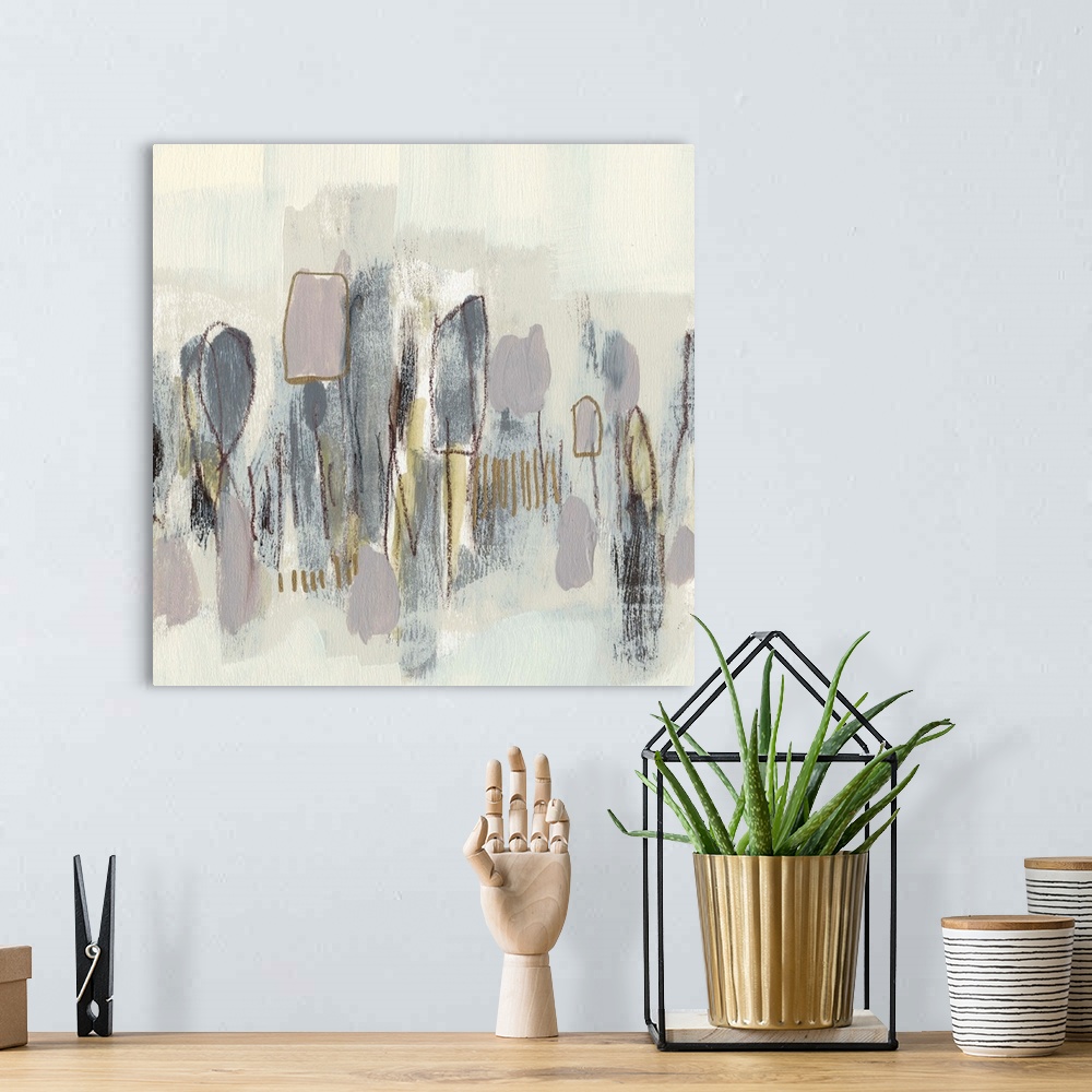 A bohemian room featuring Neutral-toned contemporary painting of abstract shapes.