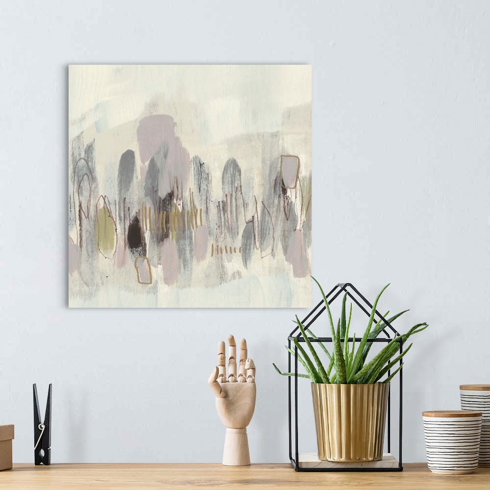 A bohemian room featuring Neutral-toned contemporary painting of abstract shapes.