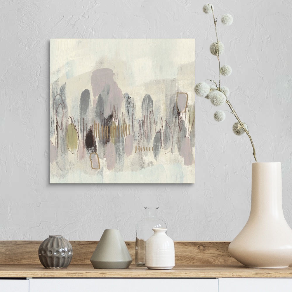 A farmhouse room featuring Neutral-toned contemporary painting of abstract shapes.