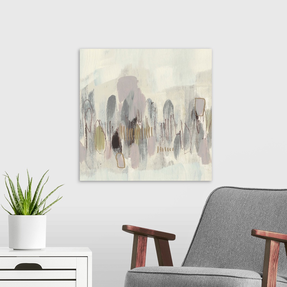 A modern room featuring Neutral-toned contemporary painting of abstract shapes.