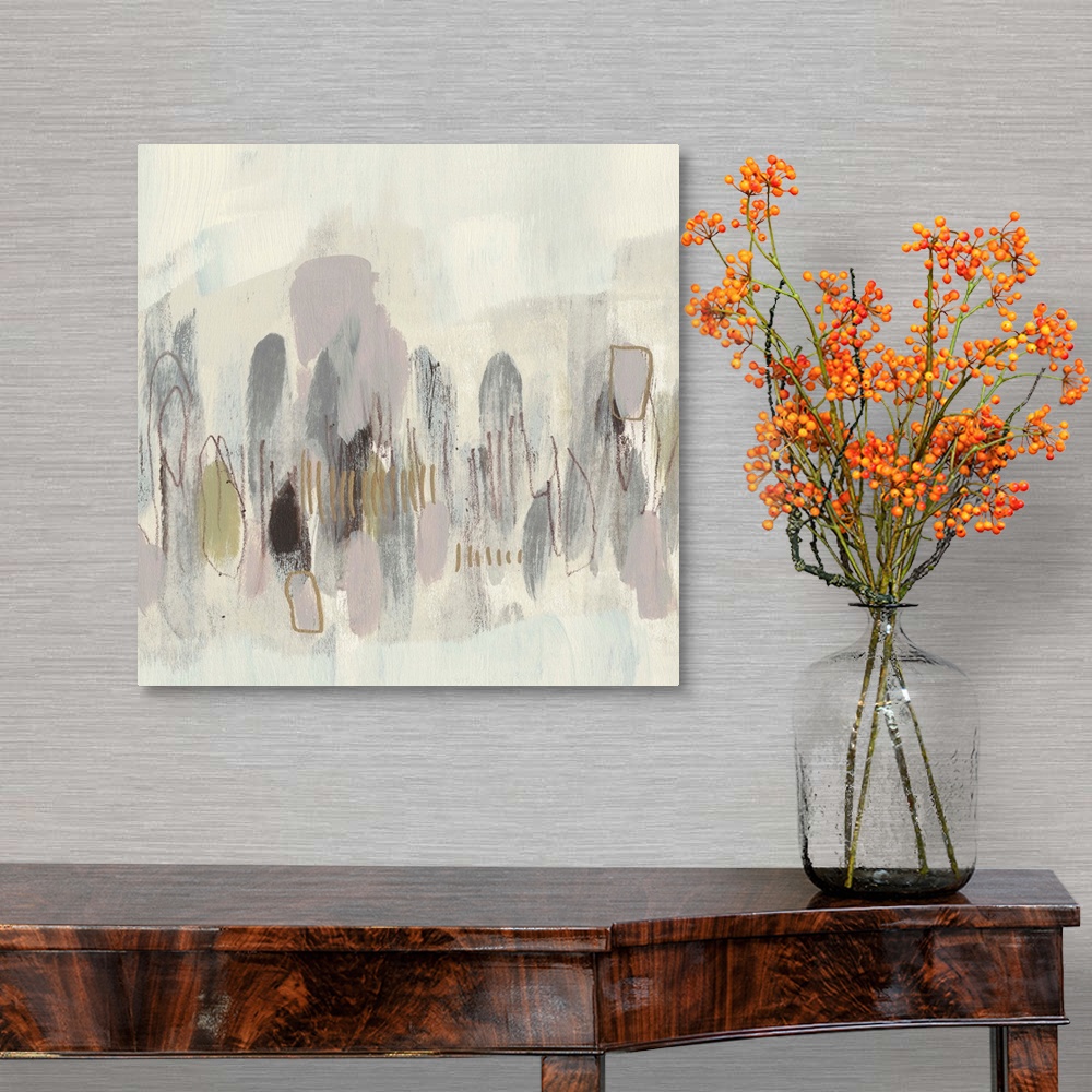 A traditional room featuring Neutral-toned contemporary painting of abstract shapes.