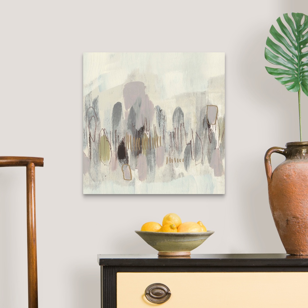 A traditional room featuring Neutral-toned contemporary painting of abstract shapes.