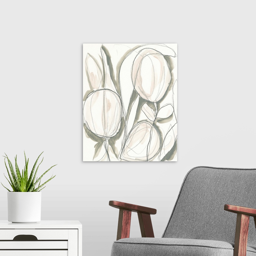 A modern room featuring Abstract floral painting in neutral tones.