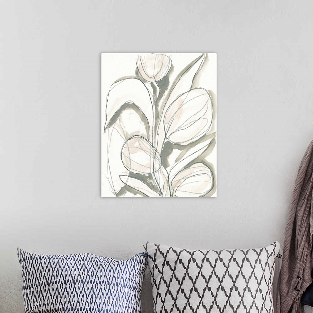A bohemian room featuring Abstract floral painting in neutral tones.