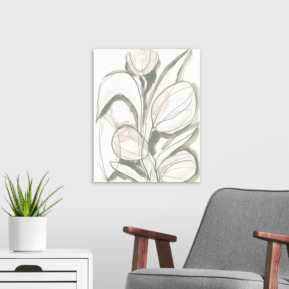 A modern room featuring Abstract floral painting in neutral tones.