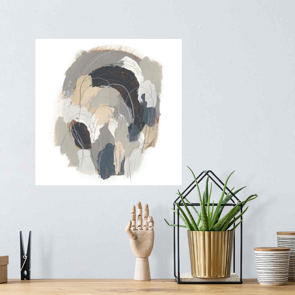 A bohemian room featuring Square abstract painting in neutral tones of gray, beige and white with overlaying fine gray line...