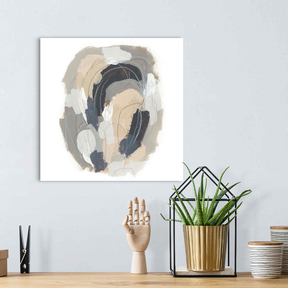 A bohemian room featuring Square abstract painting in neutral tones of gray, beige and white with overlaying fine gray line...