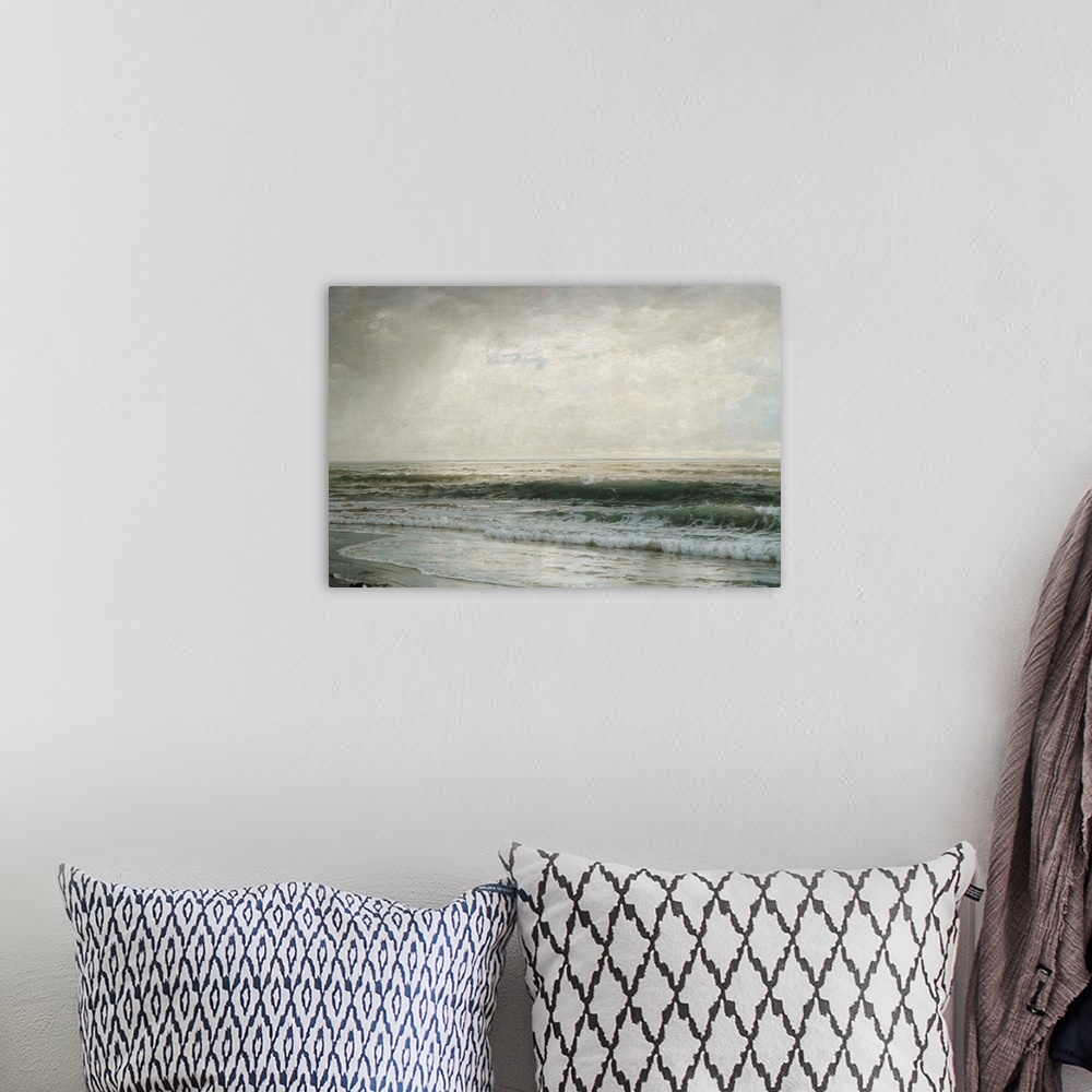A bohemian room featuring Classic painting of low ocean waves on a grey day.