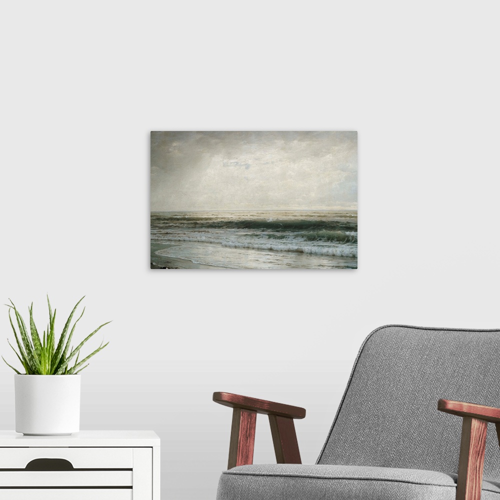 A modern room featuring Classic painting of low ocean waves on a grey day.